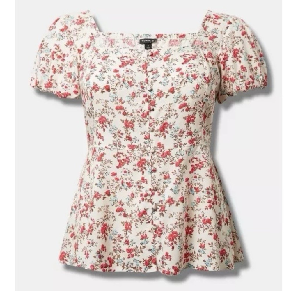 NWT Torrid Red Floral Peplum Button Up Challis Puff Short Sleeve Top Size 4X - Picture 5 of 11